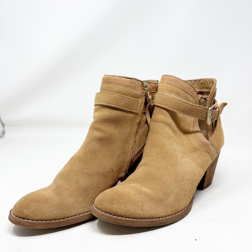 Sam Edelman Maurine Suede Ankle Booties Tan Leather Cutout Stacked Heels Size 8